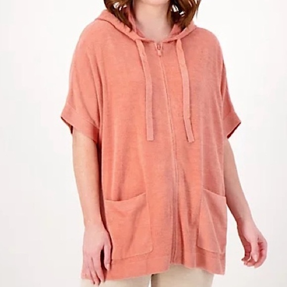 Barefoot Dreams CozyChic Ultra Lite Short Sleeve Zip Up Hoodie Tea Rose L/XL - Picture 1 of 10